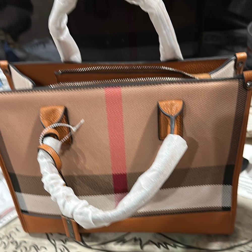 Tan and Red Satchel with Structured Design